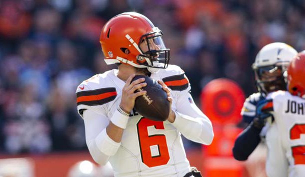 Oct 14, 2018; Cleveland, OH, USA; Cleveland Browns quarterback Baker Mayfield (6) drops back to pass against the Los Angeles Chargers during the first quarter at FirstEnergy Stadium. Photo Credit: Scott R. Galvin-USA TODAY Sports