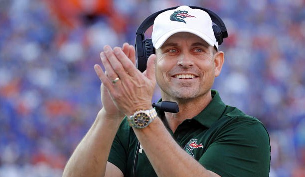 Nov 18, 2017; Gainesville, FL, USA; UAB Blazers head coach Bill Clark claps against the Florida Gators during the first quarter at Ben Hill Griffin Stadium. Photo Credit: Kim Klement-USA TODAY Sports