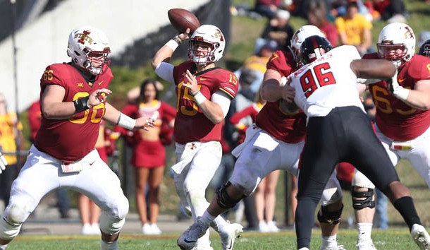 Oct 27, 2018; Ames, IA, USA; Iowa State Cyclones quarterback Brock Purdy (15) throws a pass against the Texas Tech Red Raiders Jack Trice Stadium. Photo Credit: Reese Strickland-USA TODAY Sports