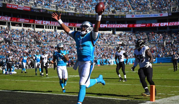 Oct 28, 2018; Charlotte, NC, USA; Carolina Panthers quarterback Cam Newton (1) scores a touchdown in the fourth quarter at Bank of America Stadium. Photo Credit: Bob Donnan-USA TODAY Sports