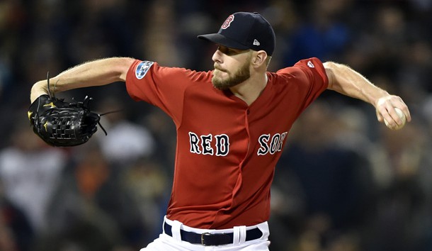 Oct 13, 2018; Boston, MA, USA; Boston Red Sox starting pitcher Chris Sale (41) pitches during the first inning against the Houston Astros  in game one of the 2018 ALCS playoff baseball series at Fenway Park. Photo Credit: Bob DeChiara-USA TODAY Sports