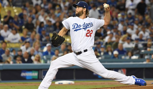 Oct 5, 2018; Los Angeles, CA, USA; Los Angeles Dodgers starting pitcher Clayton Kershaw (22) throws the ball during the first inning against the against the Atlanta Braves in game two of the 2018 NLDS playoff baseball series at Dodger Stadium. Photo Credit: Richard Mackson-USA TODAY Sports