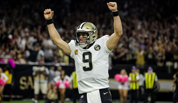 Oct 8, 2018; New Orleans, LA, USA; New Orleans Saints quarterback Drew Brees (9) celebrates after a touchdown during the second quarter against the Washington Redskins at the Mercedes-Benz Superdome.