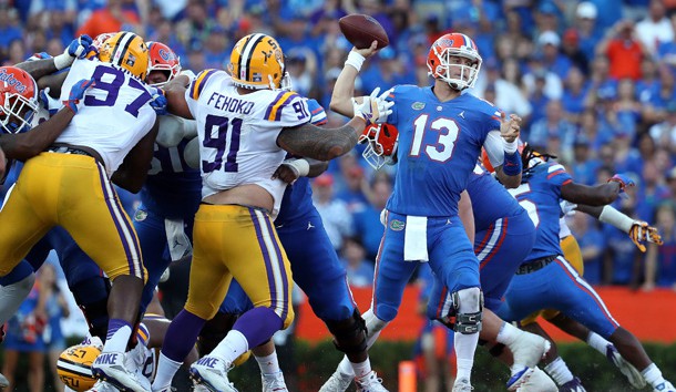 Oct 6, 2018; Gainesville, FL, USA; Florida Gators quarterback Feleipe Franks (13) throws the ball against the LSU Tigers during the second half at Ben Hill Griffin Stadium. Photo Credit: Kim Klement-USA TODAY Sports
