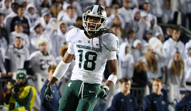 Oct 13, 2018; University Park, PA, USA; Michigan State Spartans wide receiver Felton Davis III (18) reacts after catching the winning touchdown pass against the Penn State Nittany Lions during the fourth quarter at Beaver Stadium. Photo Credit: Rich Barnes-USA TODAY Sports