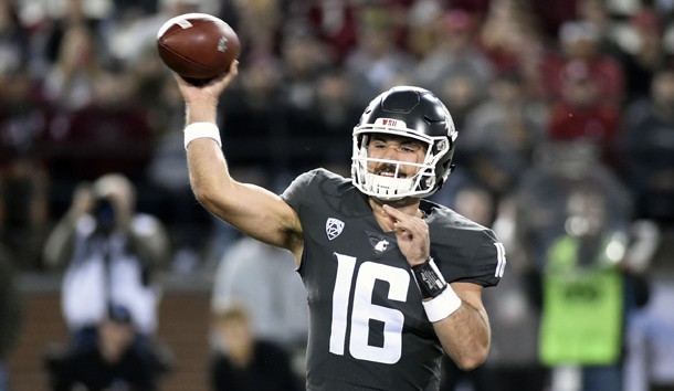 Oct 20, 2018; Pullman, WA, USA; Washington State Cougars quarterback Gardner Minshew (16) throws a pass during a football game against the Oregon Ducks in the second half at Martin Stadium. The Cougars won 34-20. Photo Credit: James Snook-USA TODAY Sports