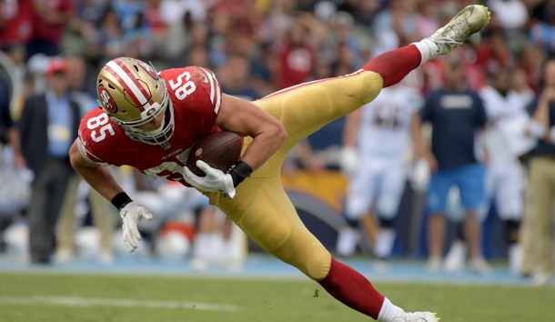 Sep 30, 2018; Carson, CA, USA; San Francisco 49ers tight end George Kittle (85) makes a catch against the Los Angeles Chargers during the first half at StubHub Center. Photo Credit: Kirby Lee-USA TODAY Sports