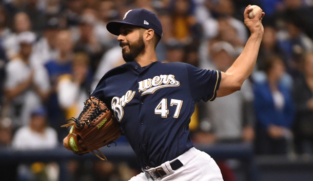 Oct 12, 2018; Milwaukee, WI, USA; Milwaukee Brewers starting pitcher Gio Gonzalez (47) delivers a pitch during the first inning against the Los Angeles Dodgers in game one of the 2018 NLCS playoff baseball series at Miller Park. Photo Credit: Benny Sieu-USA TODAY Sports