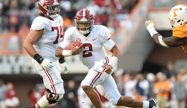 Oct 20, 2018; Knoxville, TN, USA; Alabama Crimson Tide quarterback Jalen Hurts (2) runs the ball against the Tennessee Volunteers during the second half at Neyland Stadium. Alabama won 58 to 21. Photo Credit: Randy Sartin-USA TODAY Sports