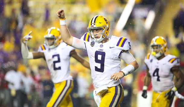 Sep 29, 2018; Baton Rouge, LA, USA; LSU Tigers quarterback Joe Burrow (9) celebrates a touchdown against the Mississippi Rebels during the second half of a game at Tiger Stadium. Photo Credit: Derick E. Hingle-USA TODAY Sports
