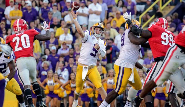 Oct 13, 2018; Baton Rouge, LA, USA; LSU Tigers quarterback Joe Burrow (9) throws against the Georgia Bulldogs during the second half at Tiger Stadium. Photo Credit: Derick E. Hingle-USA TODAY Sports