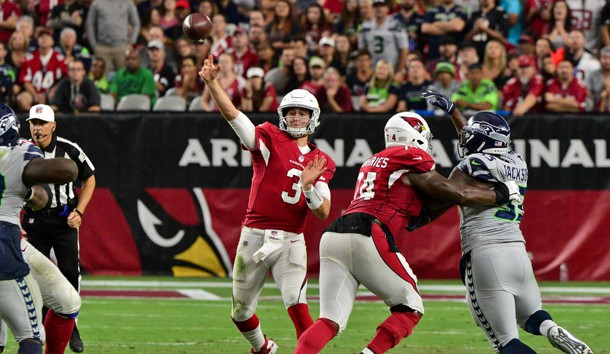 Sep 30, 2018; Glendale, AZ, USA; Arizona Cardinals quarterback Josh Rosen (3) throws during the second half against the Seattle Seahawks at State Farm Stadium. Photo Credit: Matt Kartozian-USA TODAY Sports