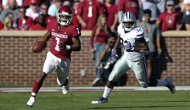 Oct 27, 2018; Norman, OK, USA; Oklahoma Sooners quarterback Kyler Murray (1) run past Kansas State Wildcats linebacker Justin Hughes (32) during the second quarter at Gaylord Family - Oklahoma Memorial Stadium. Photo Credit: Kevin Jairaj-USA TODAY Sports