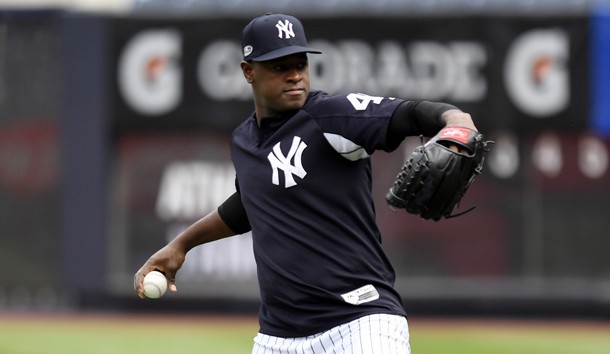 Oct 2, 2018; Bronx, NY, USA; New York Yankees pitcher Luis Severino throws the ball during workouts one day before the 2018 American League Wild Card playoff baseball game at Yankee Stadium.  Photo Credit: Danielle Parhizkaran/NorthJersey.com via USA TODAY Sports