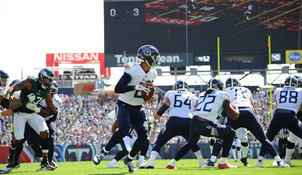 Sep 30, 2018; Nashville, TN, USA; Tennessee Titans quarterback Marcus Mariota (8) drops back to pass during the first half against the Philadelphia Eagles at Nissan Stadium. Photo Credit: Christopher Hanewinckel-USA TODAY Sports