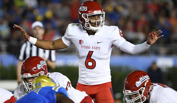 Sep 15, 2018; Pasadena, CA, USA; Fresno State Bulldogs quarterback Marcus McMaryion (6) calls a play at the line of scrimmage during the third quarter against the UCLA Bruins at Rose Bowl. Photo Credit: Robert Hanashiro-USA TODAY Sports