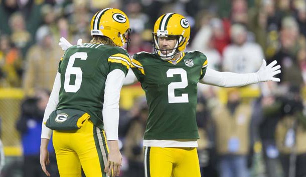 Oct 15, 2018; Green Bay, WI, USA; Green Bay Packers kicker Mason Crosby (2) celebrates after making the game winning field goal during the fourth quarter against the San Francisco 49ers at Lambeau Field. Photo Credit: Jeff Hanisch-USA TODAY Sports