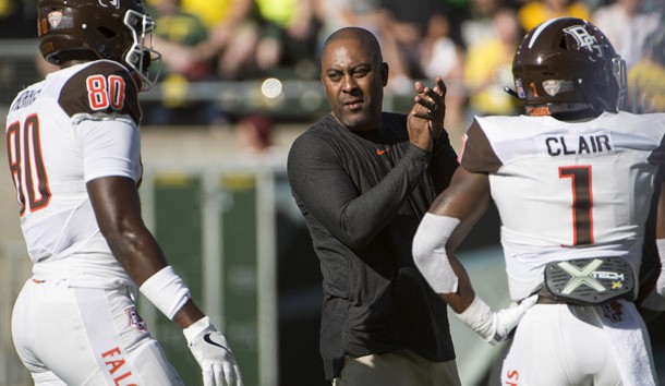 Sep 1, 2018; Eugene, OR, USA; Bowling Green Falcons head coach Mike Jinks applauds his players as they warm up before a game against the Oregon Ducks at Autzen Stadium. Photo Credit: Troy Wayrynen-USA TODAY Sports