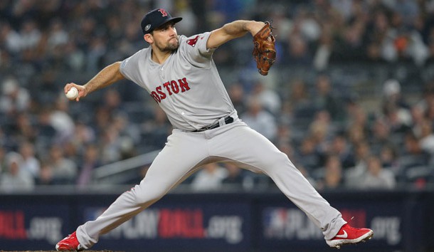Oct 8, 2018; Bronx, NY, USA; Boston Red Sox starting pitcher Nathan Eovaldi (17) pitches in the first inning in game three of the 2018 ALDS playoff baseball series against the New York Yankees at Yankee Stadium. Photo Credit: Brad Penner-USA TODAY Sports