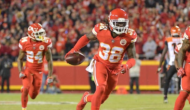 Oct 21, 2018; Kansas City, MO, USA; Kansas City Chiefs free safety Ron Parker (38) intercepts a pass and runs in for a touchdown during the second half against the Cincinnati Bengals at Arrowhead Stadium. The Chiefs won 45-10. Photo Credit: Denny Medley-USA TODAY Sports