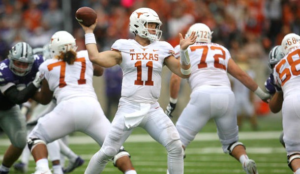 Sep 29, 2018; Manhattan, KS, USA; Texas Longhorns quarterback Sam Ehlinger (11) drops back to pass during the fourth quarter against the Kansas State Wildcats at Bill Snyder Family Stadium. The Longhorns won the game 19-12. Photo Credit: Scott Sewell-USA TODAY Sports