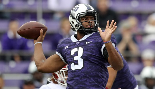 Oct 20, 2018; Fort Worth, TX, USA; TCU Horned Frogs quarterback Shawn Robinson (3) throws during the first quarter against the Oklahoma Sooners at Amon G. Carter Stadium. Photo Credit: Kevin Jairaj-USA TODAY Sports