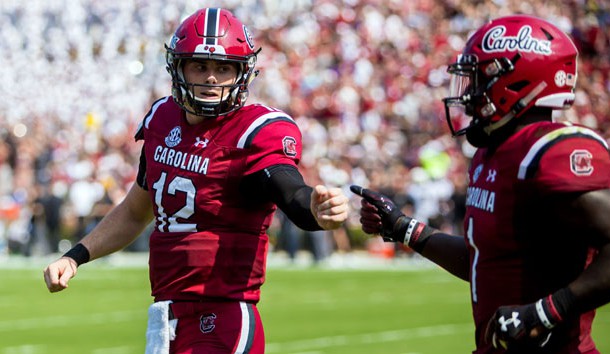 Oct 6, 2018; Columbia, SC, USA; South Carolina Gamecocks quarterback Michael Scarnecchia (12) and South Carolina Gamecocks wide receiver Deebo Samuel (1) celebrate a touchdown against the Missouri Tigers in the first half at Williams-Brice Stadium. Mandatory Credit: Jeff Blake-USA TODAY Sports