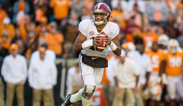 Oct 20, 2018; Knoxville, TN, USA; Alabama Crimson Tide quarterback Tua Tagovailoa (13) drops back to throw a pass in a game against the Tennessee Volunteers at Neyland Stadium. Photo Credit: Bryan Lynn-USA TODAY Sports