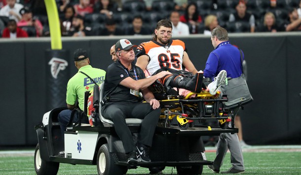 Sep 30, 2018; Atlanta, GA, USA; Cincinnati Bengals tight end Tyler Eifert (85) is carted off  the field after suffering an injury in the third quarter against the Atlanta Falcons at Mercedes-Benz Stadium. Photo Credit: Jason Getz-USA TODAY Sports