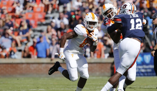 Oct 13, 2018; Auburn, AL, USA; Tennessee Volunteers running back Ty Chandler (8) runs behind the block of receiver Jauan Jennings (15) during the first quarter against the Auburn Tigers at Jordan-Hare Stadium. Photo Credit: John Reed-USA TODAY Sports