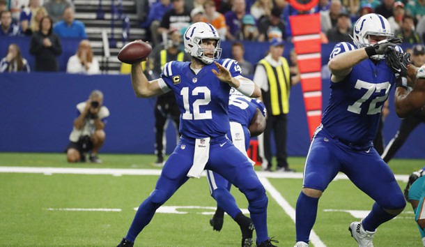 Nov 25, 2018; Indianapolis, IN, USA; Indianapolis Colts quarterback Andrew Luck (12) throws a pass against the Miami Dolphins during the first quarter at Lucas Oil Stadium. Photo Credit: Brian Spurlock-USA TODAY Sports