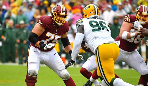 Sep 23, 2018; Landover, MD, USA; Washington Redskins offensive guard Brandon Scherff (75) prepares to block Green Bay Packers defensive end Muhammad Wilkerson (96) during the first half at FedEx Field. Photo Credit: Brad Mills-USA TODAY Sports