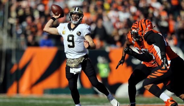 Nov 11, 2018; Cincinnati, OH, USA; New Orleans Saints quarterback Drew Brees (9) throws a pass against the Cincinnati Bengals in the first half at Paul Brown Stadium. Photo Credit: Aaron Doster-USA TODAY Sports