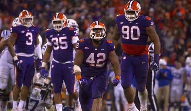 Nov 17, 2018; Clemson, SC, USA; Clemson Tigers defensive lineman Christian Wilkins (42) reacts after a play during the second half against the Duke Blue Devils at Clemson Memorial Stadium. Photo Credit: Joshua S. Kelly-USA TODAY Sports