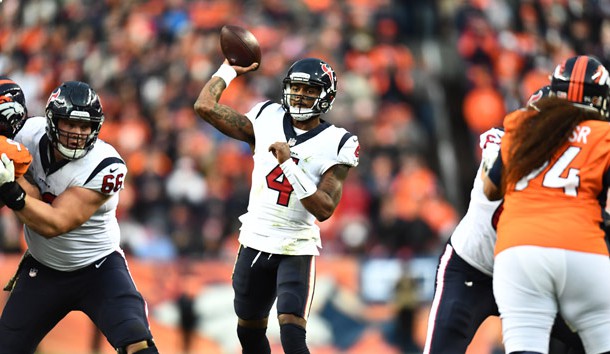 Nov 4, 2018; Denver, CO, USA; Houston Texans quarterback Deshaun Watson (4) passes in ball in the second half against the Denver Broncos at Broncos Stadium at Mile High. Photo Credit: Ron Chenoy-USA TODAY Sports