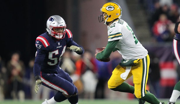 Nov 4, 2018; Foxborough, MA, USA; New England Patriots linebacker Dont'a Hightower (54) pressures Green Bay Packers quarterback Aaron Rodgers (12) during the fourth quarter at Gillette Stadium. Photo Credit: Stew Milne-USA TODAY Sports