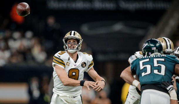 Nov 18, 2018; New Orleans, LA, USA; New Orleans Saints quarterback Drew Brees (9) throws against the Philadelphia Eagles during the second quarter at the Mercedes-Benz Superdome. Photo Credit: Derick E. Hingle-USA TODAY Sports