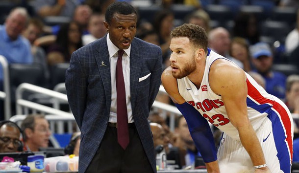 Nov 7, 2018; Orlando, FL, USA; Detroit Pistons head coach Dwane Casey talks with forward Blake Griffin (23) against the Orlando Magic during the first quarter at Amway Center. Photo Credit: Kim Klement-USA TODAY Sports