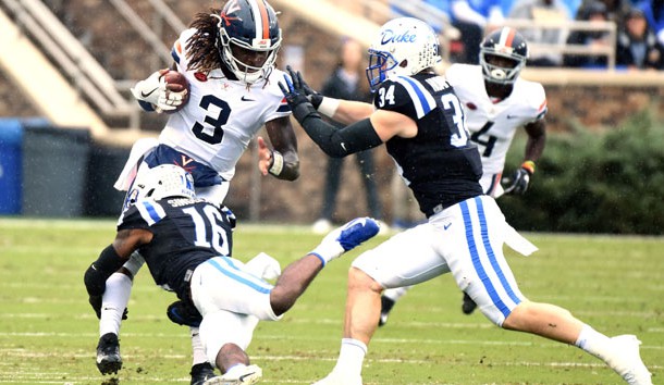 Oct 20, 2018; Durham, NC, USA; Virginia Cavaliers quarterback Bryce Perkins (3) is tackled by Duke Blue Devils safety Dylan Singleton (16) during the first half at Wallace Wade Stadium. Photo Credit: Rob Kinnan-USA TODAY Sports