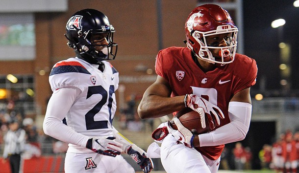 Nov 17, 2018; Pullman, WA, USA; Washington State Cougars wide receiver Easop Winston (8) scores a touchdown against Arizona Wildcats cornerback Azizi Hearn (20) in the second half at Martin Stadium. The Cougars won 69-28. Photo Credit: James Snook-USA TODAY Sports