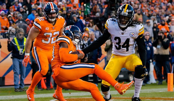 Nov 25, 2018; Denver, CO, USA; Denver Broncos wide receiver Emmanuel Sanders (10) makes a touchdown catch ahead of Pittsburgh Steelers strong safety Terrell Edmunds (34) as fullback Andy Janovich (32) defends in the third quarter at Broncos Stadium at Mile High. Photo Credit: Isaiah J. Downing-USA TODAY Sports