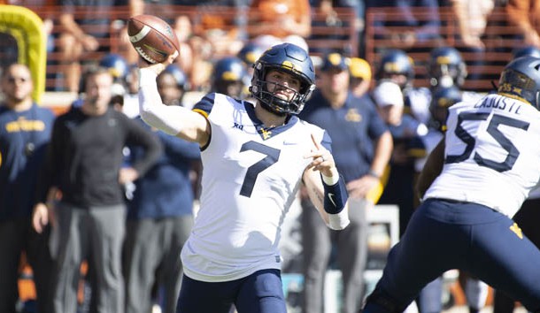 Nov 3, 2018; Austin, TX, USA; West Virginia Mountaineers quarterback Will Grier (7) throws a pass against Texas Longhorns during the first quarter at Darrell K Royal-Texas Memorial Stadium. Photo Credit: Bethany Hocker-USA TODAY Sports