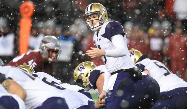 Nov 23, 2018; Pullman, WA, USA; Washington Huskies quarterback Jake Browning (3) goes under center during a football game against the Washington State Cougars during the first half at Martin Stadium. Photo Credit: James Snook-USA TODAY Sports