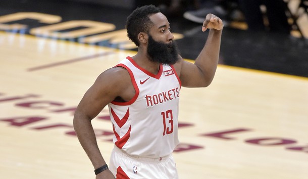 Nov 24, 2018; Cleveland, OH, USA; Houston Rockets guard James Harden (13) celebrates his three-point basket in the second quarter against the Cleveland Cavaliers at Quicken Loans Arena. Photo Credit: David Richard-USA TODAY Sports