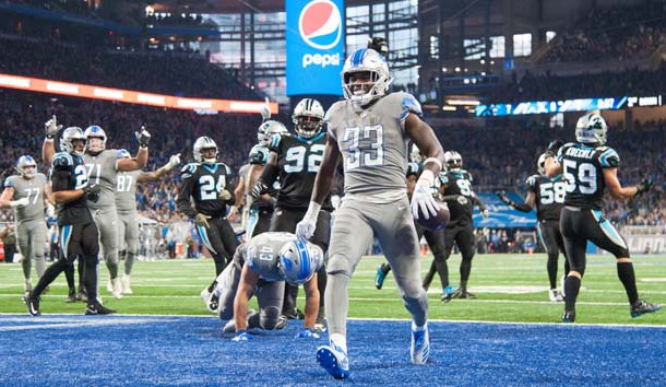Nov 18, 2018; Detroit, MI, USA; Detroit Lions running back Kerryon Johnson (33) scores a touchdown during the first quarter against the Carolina Panthers at Ford Field. Photo Credit: Tim Fuller-USA TODAY Sports