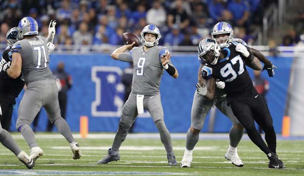 Nov 18, 2018; Detroit, MI, USA; Detroit Lions quarterback Matthew Stafford (9) passes the ball during the second quarter against the Carolina Panthers at Ford Field. Photo Credit: Raj Mehta-USA TODAY Sports
