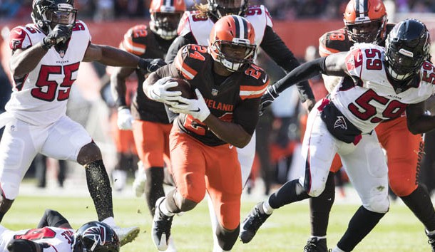 Nov 11, 2018; Cleveland, OH, USA; Cleveland Browns running back Nick Chubb (24) runs with the ball during the first half against the Atlanta Falcons at FirstEnergy Stadium. Photo Credit: Ken Blaze-USA TODAY Sports