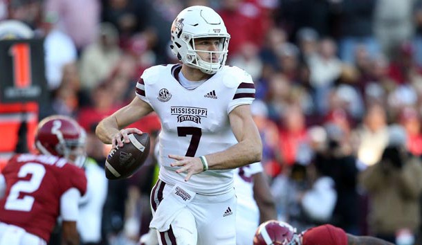 Nov 10, 2018; Tuscaloosa, AL, USA; Mississippi State Bulldogs quarterback Nick Fitzgerald (7) looks to pass against Alabama Crimson Tide during pregame at Bryant-Denny Stadium. Photo Credit: Marvin Gentry-USA TODAY Sports