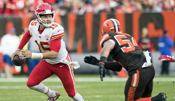 Nov 4, 2018; Cleveland, OH, USA; Kansas City Chiefs quarterback Patrick Mahomes (15) scrambles from Cleveland Browns linebacker Tanner Vallejo (54) during the second half at FirstEnergy Stadium. Photo Credit: Ken Blaze-USA TODAY Sports