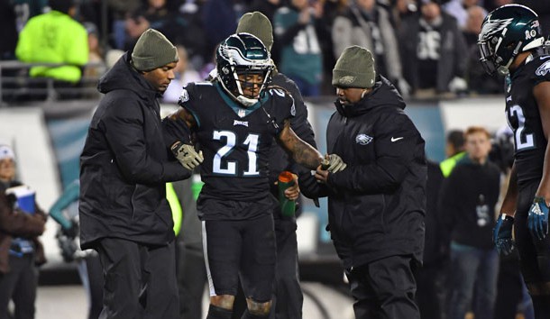 Nov 11, 2018; Philadelphia, PA, USA; Philadelphia Eagles cornerback Ronald Darby (21) is helped off the field during the fourth quarter against the Dallas Cowboys at Lincoln Financial Field. Photo Credit: Eric Hartline-USA TODAY Sports
